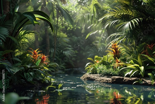 Jungle background with lush foliage and vibrant colors, Vibrant jungle backdrop teeming with lush foliage.