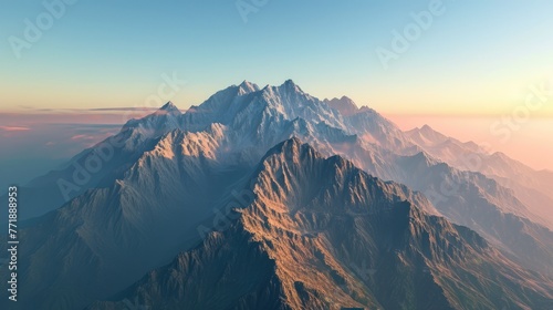 Mountain range with atmospheric lighting, Mountain peaks illuminated by atmospheric lighting.