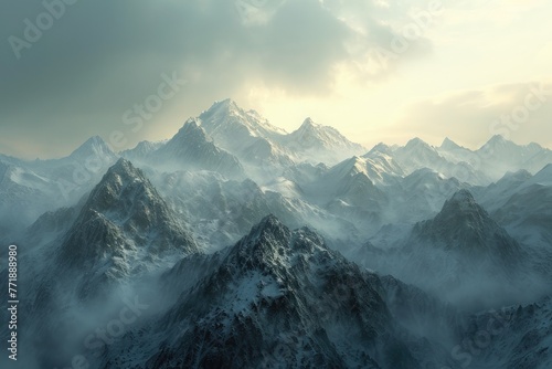 Mountain range with atmospheric cloudy fog, Majestic mountain peaks shrouded in atmospheric cloudy fog. © SaroStock