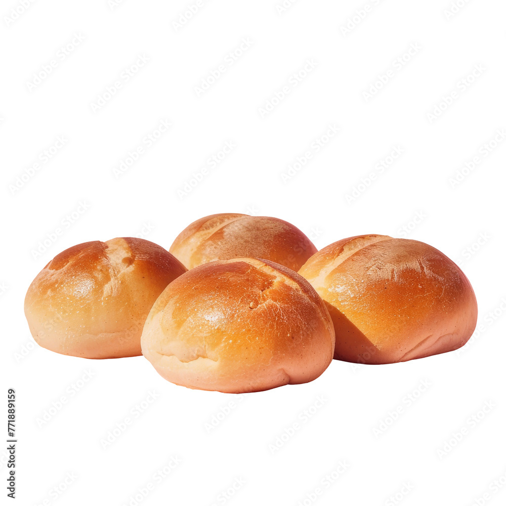 Four rolls stacked on transparent background, staple food in cuisine