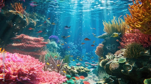 Underwater scene with coral reefs and vibrant fishes, Vibrant fish swimming among colorful coral reefs in an underwater scene. © SaroStock