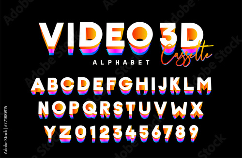 vibrant 3d retro 80s 90s font alphabet typography style set inspired by vintage arcade, neon pop culture visuals, retro futuristic and technologies photo