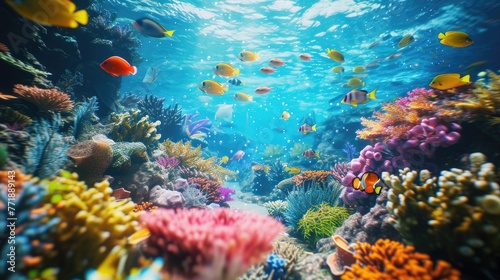 Underwater scene with coral reefs and vibrant fishes, Vibrant fish swimming among colorful coral reefs in an underwater scene. © SaroStock