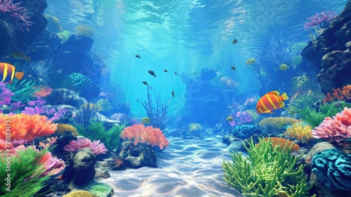 Underwater scene with coral reefs and vibrant fishes, Vibrant fish swimming among colorful coral reefs in an underwater scene. photo