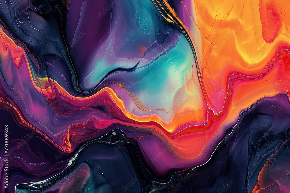 Fluid shapes in abstract artwork with bold color contrasts, Abstract artwork featuring fluid shapes and bold color contrasts. - obrazy, fototapety, plakaty 