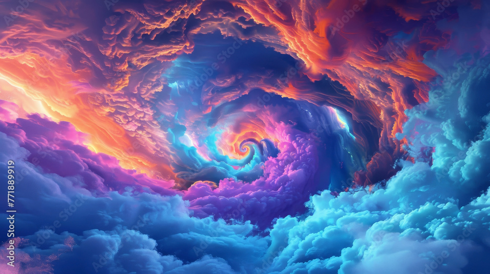 Fototapeta premium A digital storm in the cloud computing space, visualized as swirling colors and data