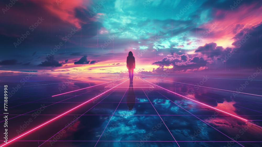 A futuristic, neon grid extending to the horizon under a cyberpunk sky