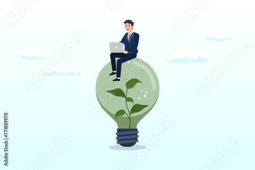 Businessman working with computer on green sustainable lightbulb, sustainability business or environmental care in office, ecology company culture or social responsibility strategy, ESG (Vector)