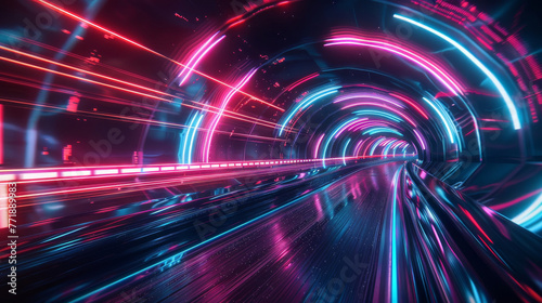 A futuristic, digital tunnel illuminated by streaks of neon light © FoxGrafy