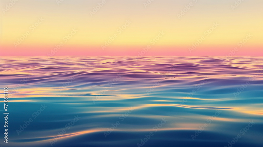 A serene, abstract depiction of a calm sea at sunset, with waves of gradient colors
