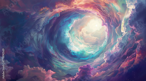 An otherworldly portal opening in a sky of swirling  ethereal colors