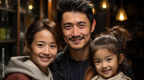 happy asian family with little son in living room at night time