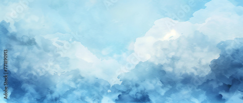 Watercolor cloud landscape, peaceful blue sky wash, serene background