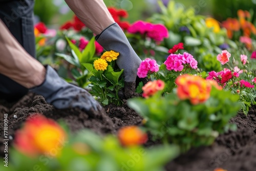 Gardener planting and maintaining vibrant flower beds, A skilled gardener nurturing and tending to vibrant flower beds.