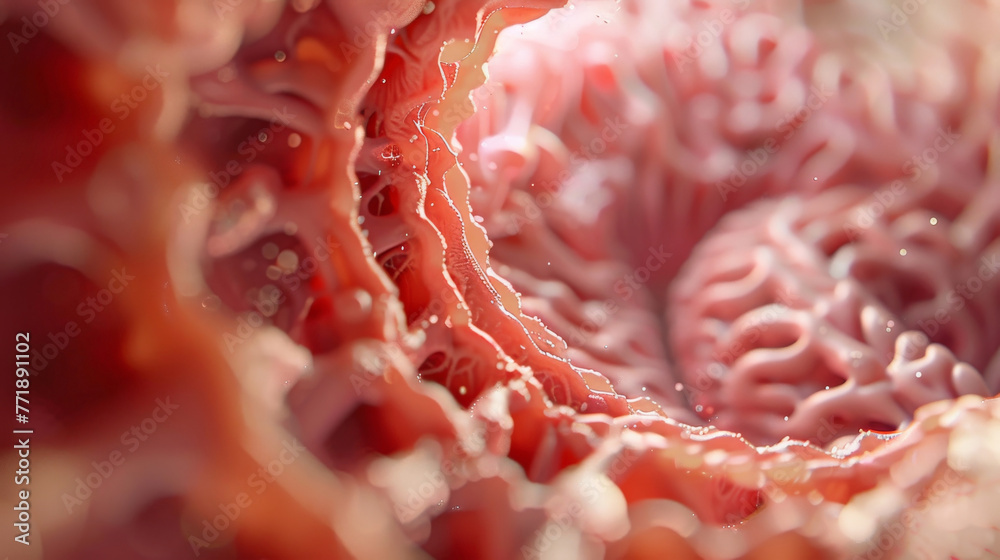Detailed illustration of the small intestine's inner lining, with a focus on villi - obrazy, fototapety, plakaty 