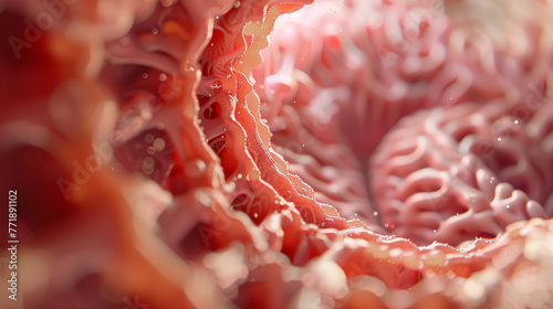Detailed illustration of the small intestine's inner lining, with a focus on villi