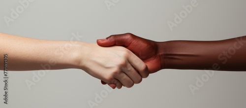 Close-up of two people holding hands handshake between two hands of differing skin tones against a neutral background, symbolizing diversity and unity photo