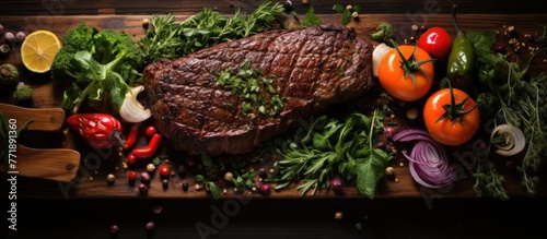 Grilled beef steak with herbs and vegetables on wooden cutting board.