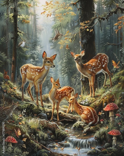 Forest animals in a clearing, hand-drawn, soft pastels, focusing on detail and serene lighting, Ultra-wide , super detailed , Through the Glass