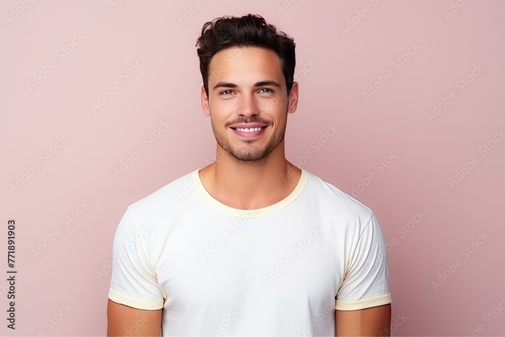 Handsome Smiling Man in a Casual White T-Shirt Posing on a Pink Background Handsome Smiling Man in a Casual White T-Shirt Posing on a Pink Background