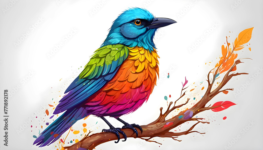 illustration of a colorful bird on a branch. vibrant colors. White background. painting style art
