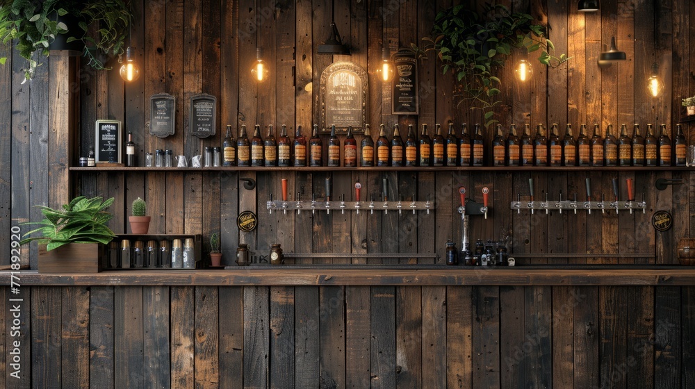 Fototapeta premium Beautiful beer bar, a gathering place for drinkers. Designing a bar with wood for a warm and stylish atmosphere.