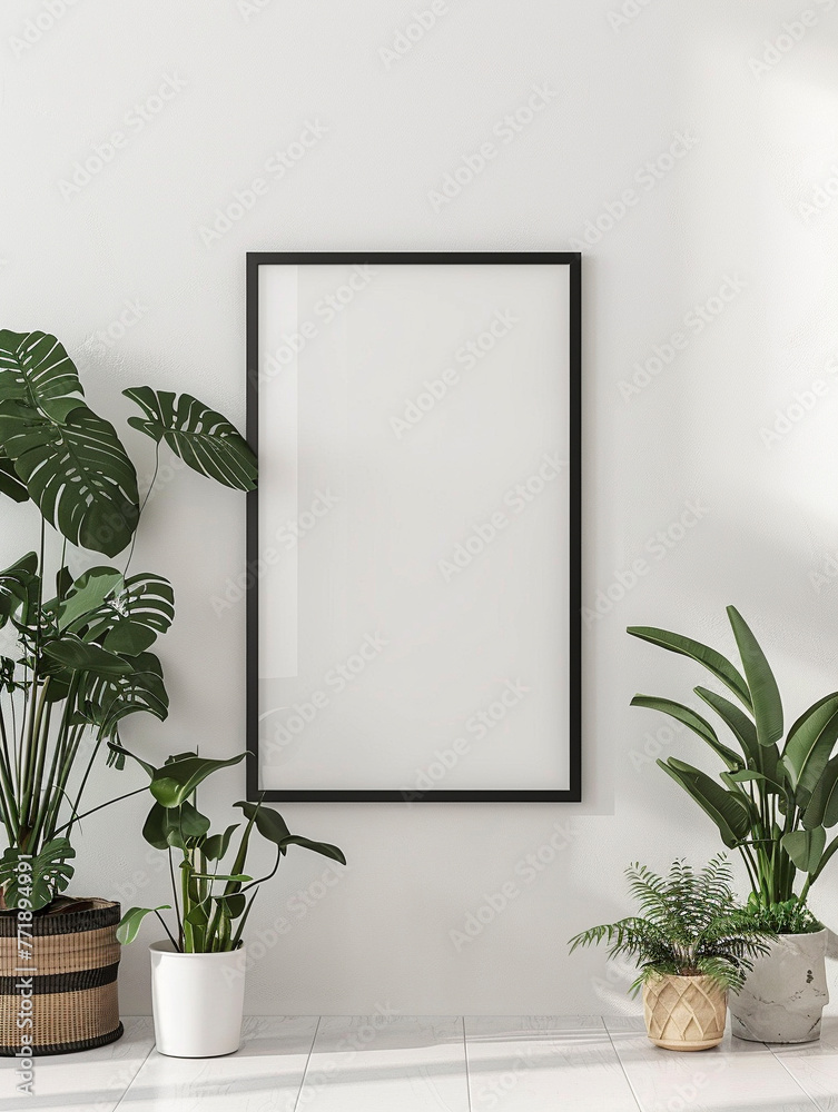 Minimalist mockup of an empty black frame on the wall Minimalist mockup of an empty black frame on the wall