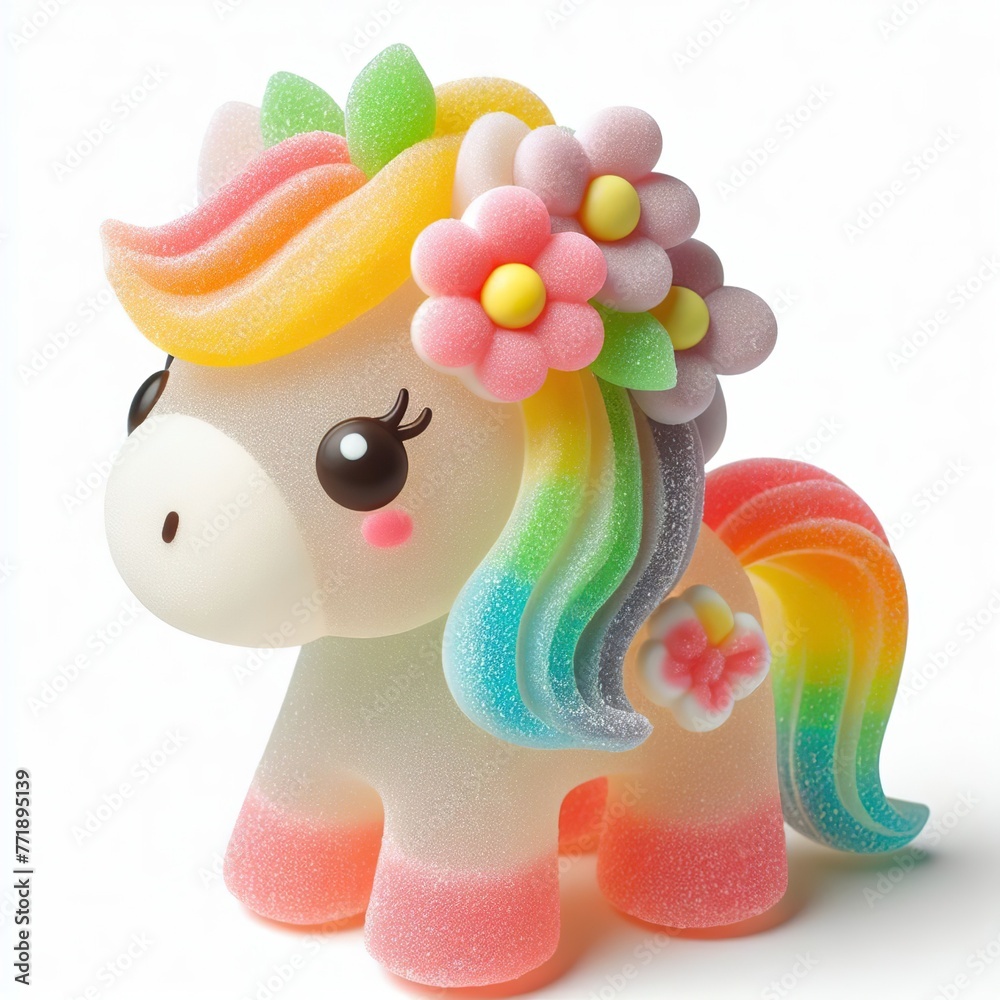 Cute Horse with flowers made of pastel color gummy candy on a white background