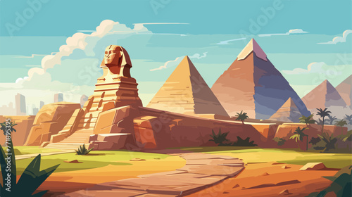 Pyramids And Sphinx Flat Bright Color Simplified Ve