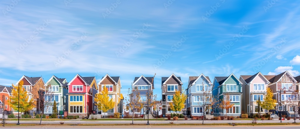 A panoramic view of a row of suburban houses with distinct colors and designs on a clear sunny day