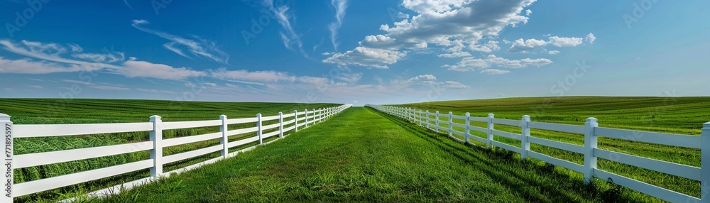 A pristine white picket fence borders a vibrant green field under a clear sky
