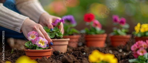 A gardeners hands nurturing and planting vibrant spring flowers in terracotta pots