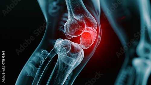 A Medical X-ray visualization of a human knee joint showing red areas of pain and inflammation. photo