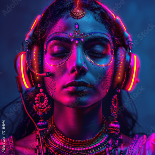 Portrait of a beautiful indian woman in ethnic clothes with headphones listening to music.