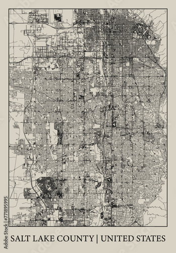 Salt Lake County (Utah, United States) street map outline for poster.