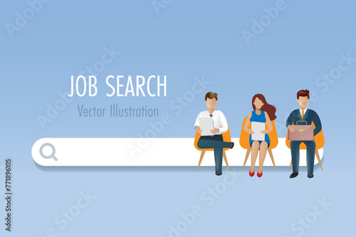 Candidates sit on chair queuing for interview with job searching bar. Job searching, recruitment, employment and we're hiring concept. 