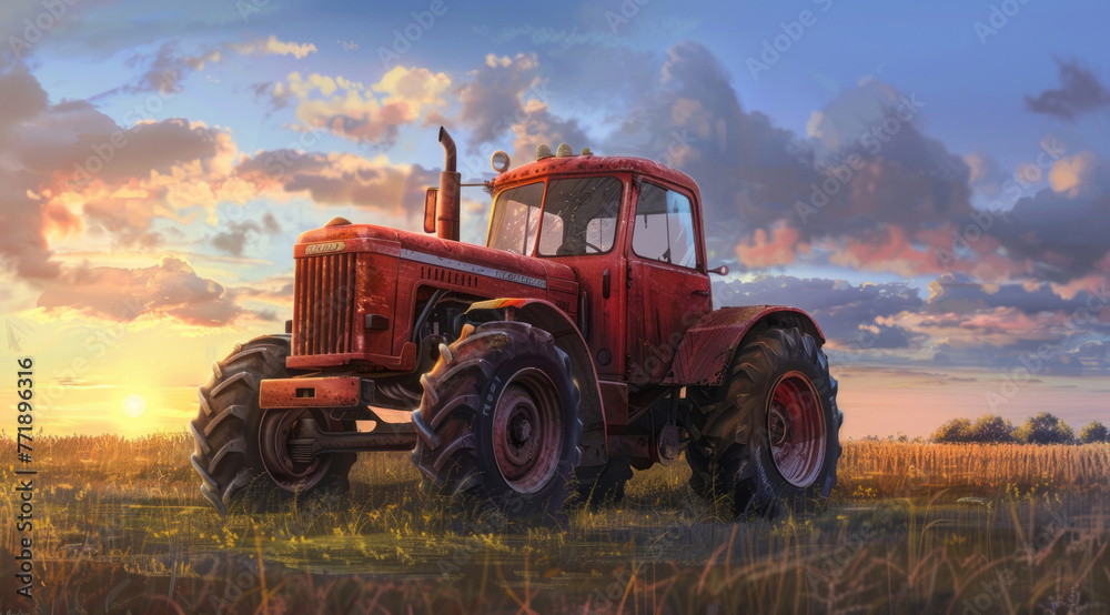 A red tractor in fields at sunset, in a detailed and precise and lifelike style. A red tractor in fields at sunset, in a detailed and precise and lifelike style.