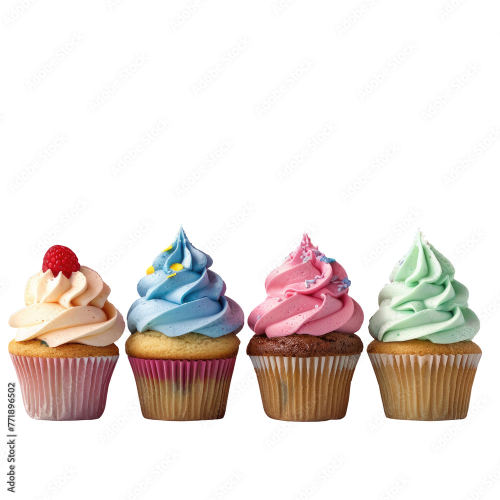 Four cupcakes with various frosting flavors displayed on transparent background