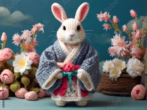 toy hare knitted threads kimono against flowers