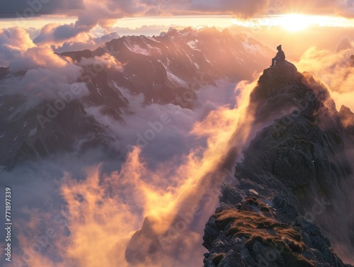 Majestic mountain peaks pierce a fiery sunset sky, casting long shadows across the snowy landscape © in