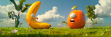 Animated Banana and Orange Engaging in a 'Knock, Knock' Joke on a Bright Summer Day