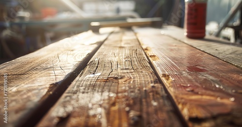 Refinishing an old wooden table, close view, sunny day, wide lens, bringing life to wood. 