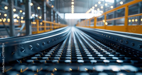 Automated conveyor belt installation, close-up, artificial light, wide lens, streamline production. 