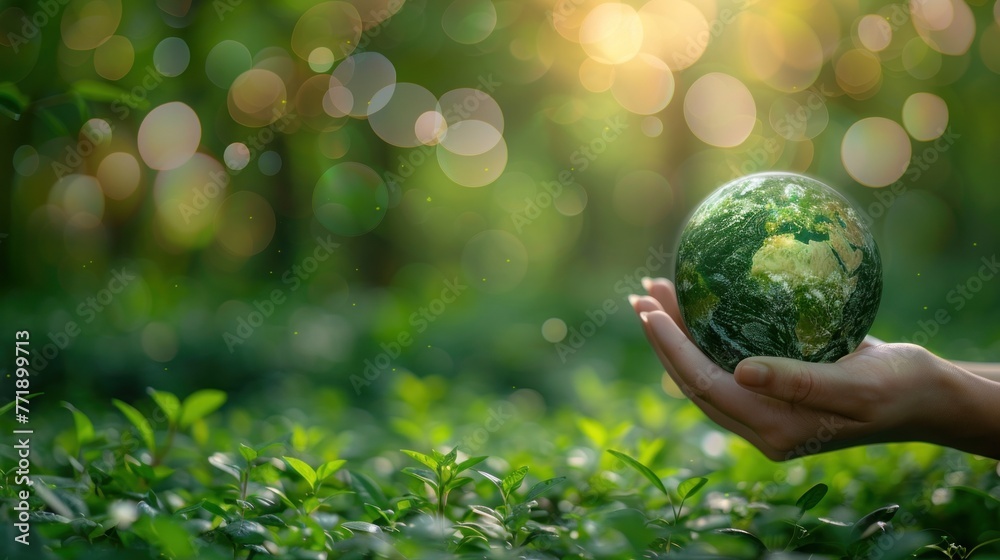 Hands protecting globe of green tree on tropical nature summer background, Ecology and Environment concept Hands protecting globe of green tree on tropical nature summer background, Ecology and Environment concept