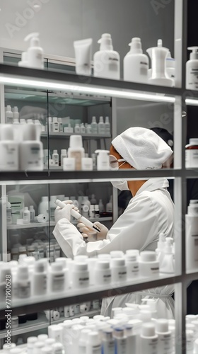 Skin Care Product Manufacturing Process,  the production process of skin care products, showcasing various stages from formulation to packaging. The scene features laboratory equipment, ingredients