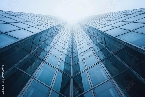 Low angle view of skyscraper with glass windows and blue sky background for business and finance concept. AI Generated