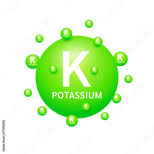 Green potassium minerals on white background. Natural nutrients and vitamins essential by the body to help repair damaged organs. For advertising medical supplements design. 3D Vector EPS10.
