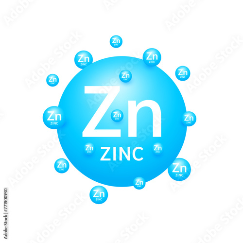 Blue zinc minerals on white background. Natural nutrients and vitamins essential by the body to help repair damaged organs. For advertising medical supplements design. 3D Vector EPS10.