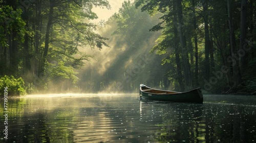 Canoe on a Misty Forest Lake at Sunrise