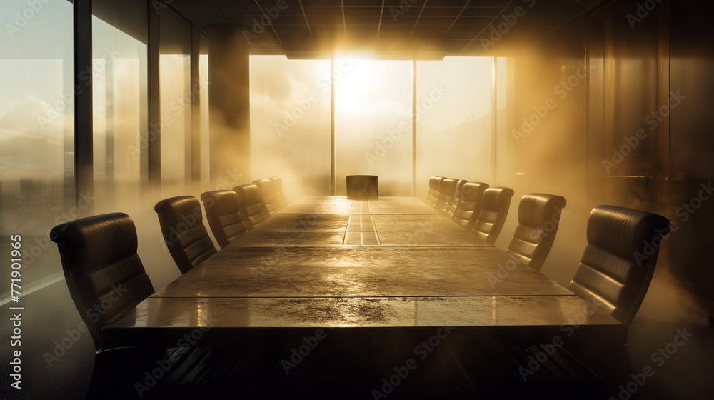 A desolate boardroom table covered in dust, with chairs pushed aside haphazardly, capturing the silence and abandonment following a company's collaps. A desolate boardroom table covered in dust, with chairs pushed aside haphazardly, capturing the silence and abandonment following a company's collaps.